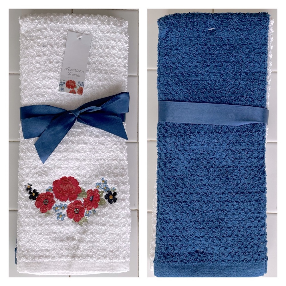 NICOLE American Picnic Kitchen Towels Waffle Weave Floral and Solid Set of Two